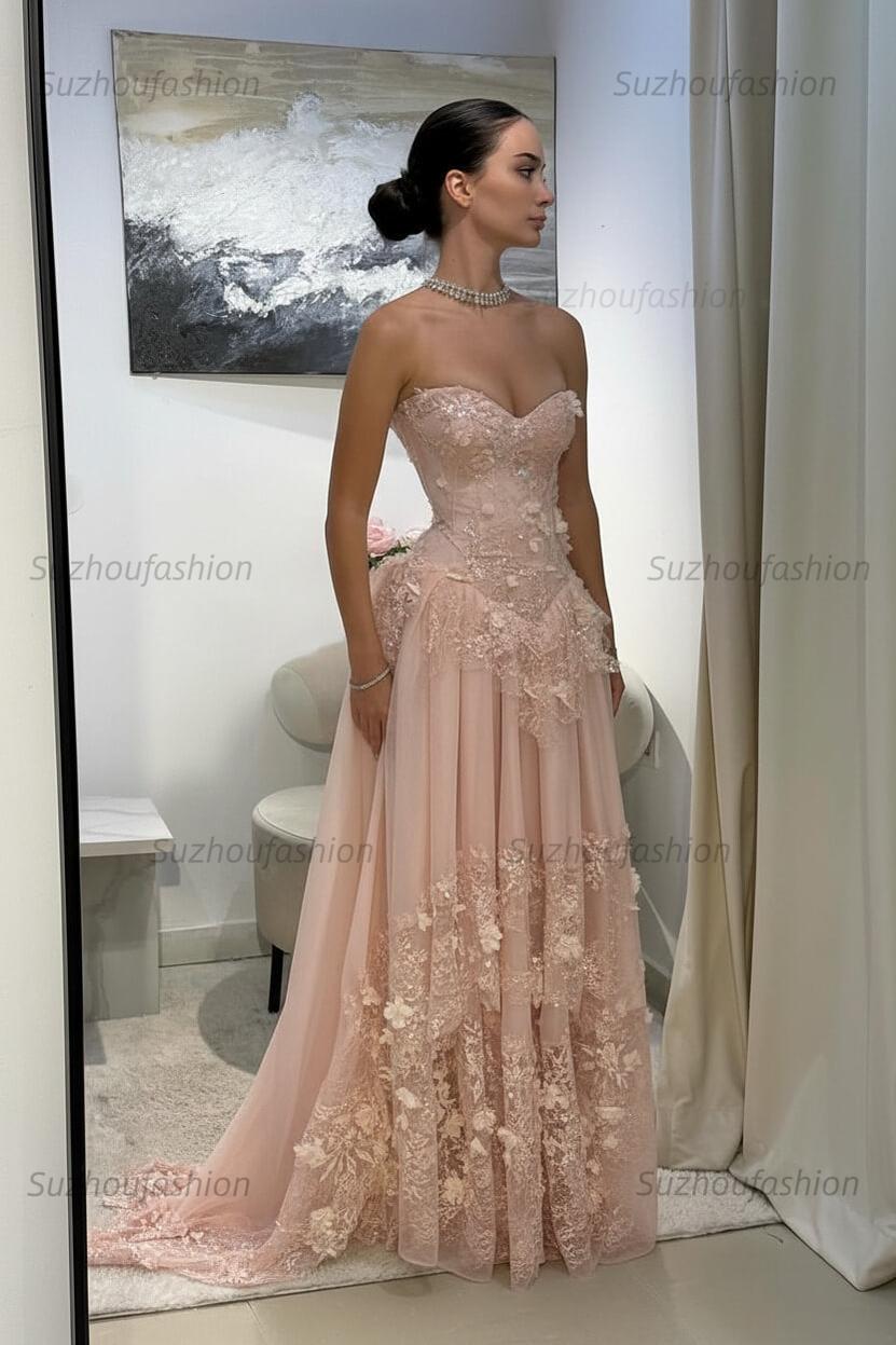 Strapless Sleeveless Long Evening Formal Dress With Pleated Appliques