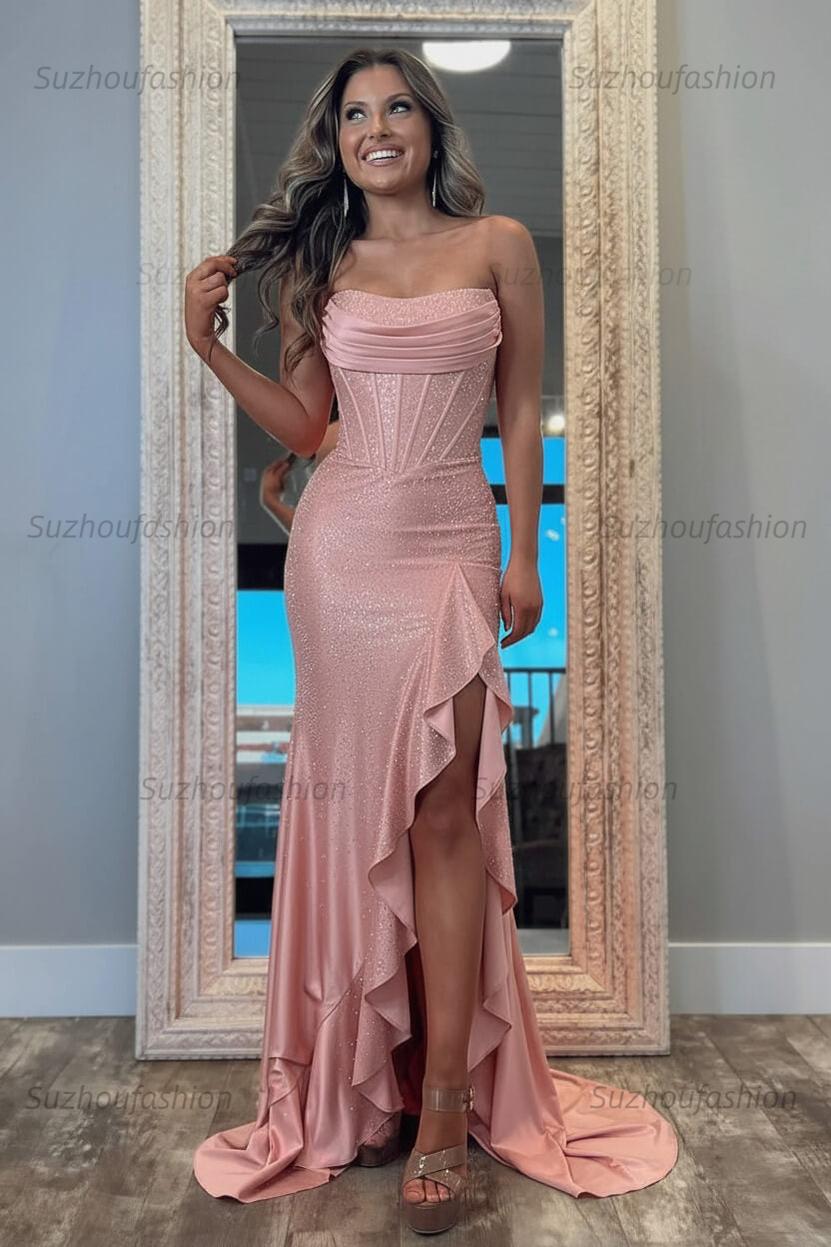 Hot Pink Beaded Prom Dress Corset Ruffled Strapless Formal Dress With Slit