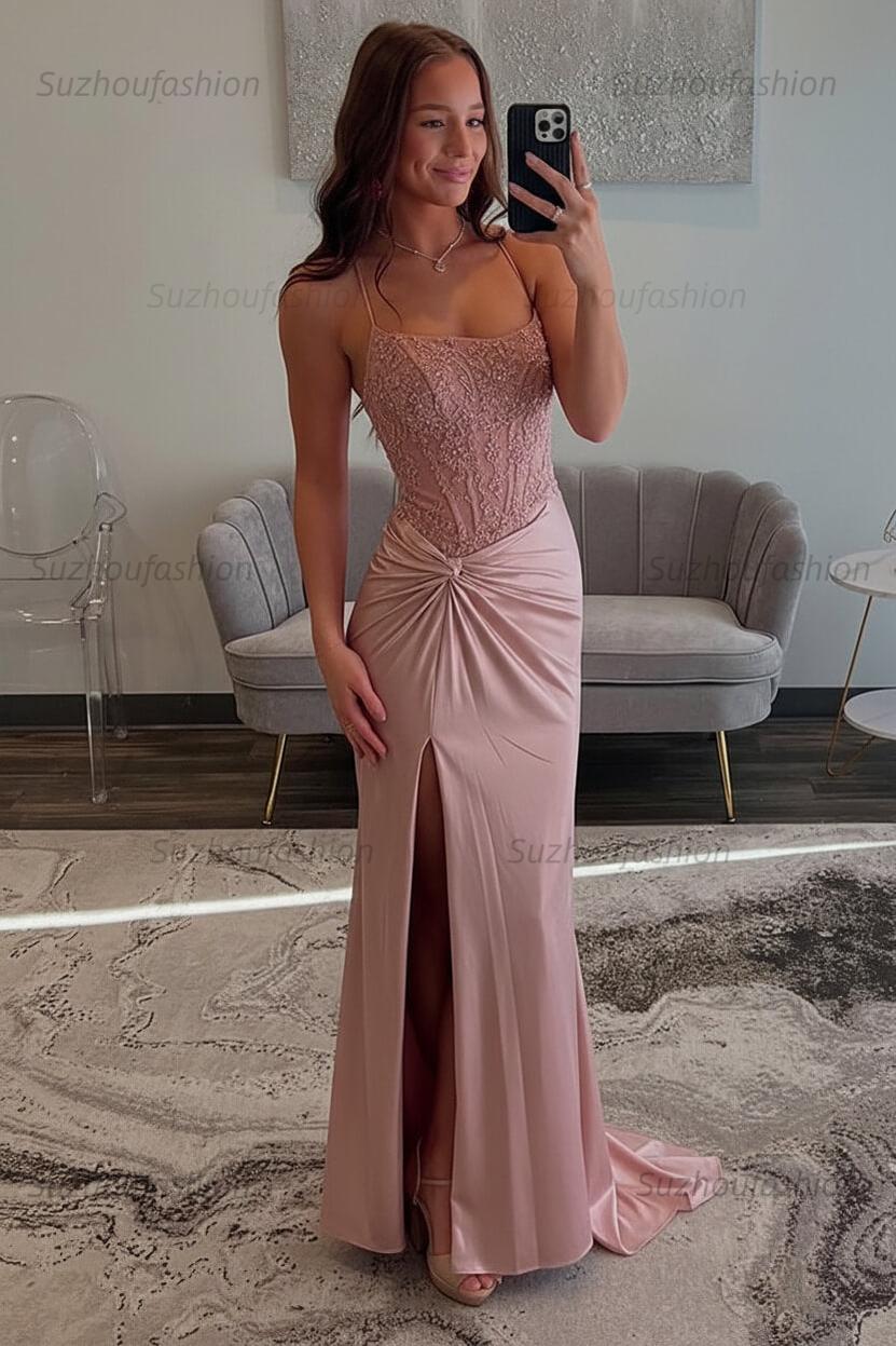 Red Prom Dress Spaghetti Straps Ruhed Long Lace Formal Dress With Appliques