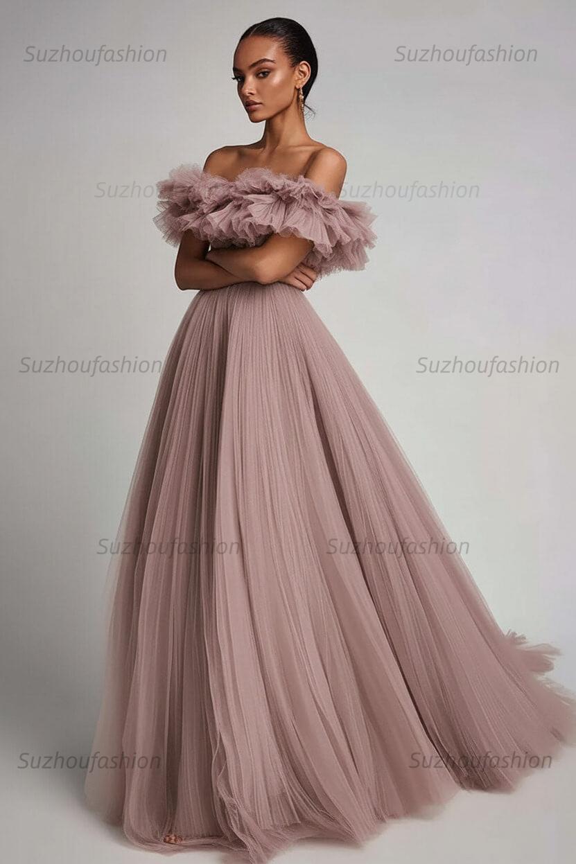 Dusty Sage Prom Dress Tulle A Line Long Formal Dress With Ruffles