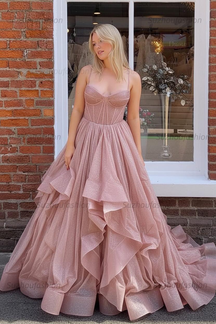 Dark Green A Line Long Corset Prom Dress With Ruffles