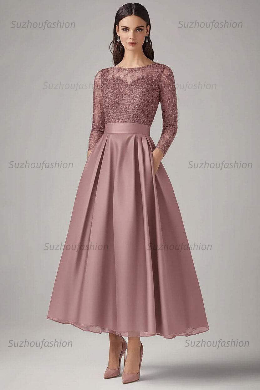 Navy Wedding Guest Dress Beaded A Line Long Sleeves Formal Dress With Lace