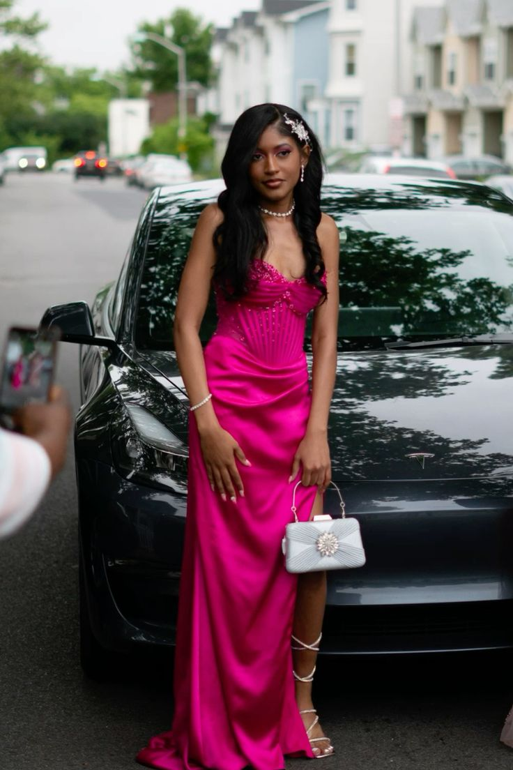 Cute Hot Pink Mermaid Slit Prom Dress Pleated Party Evening Dress - VelvetHem