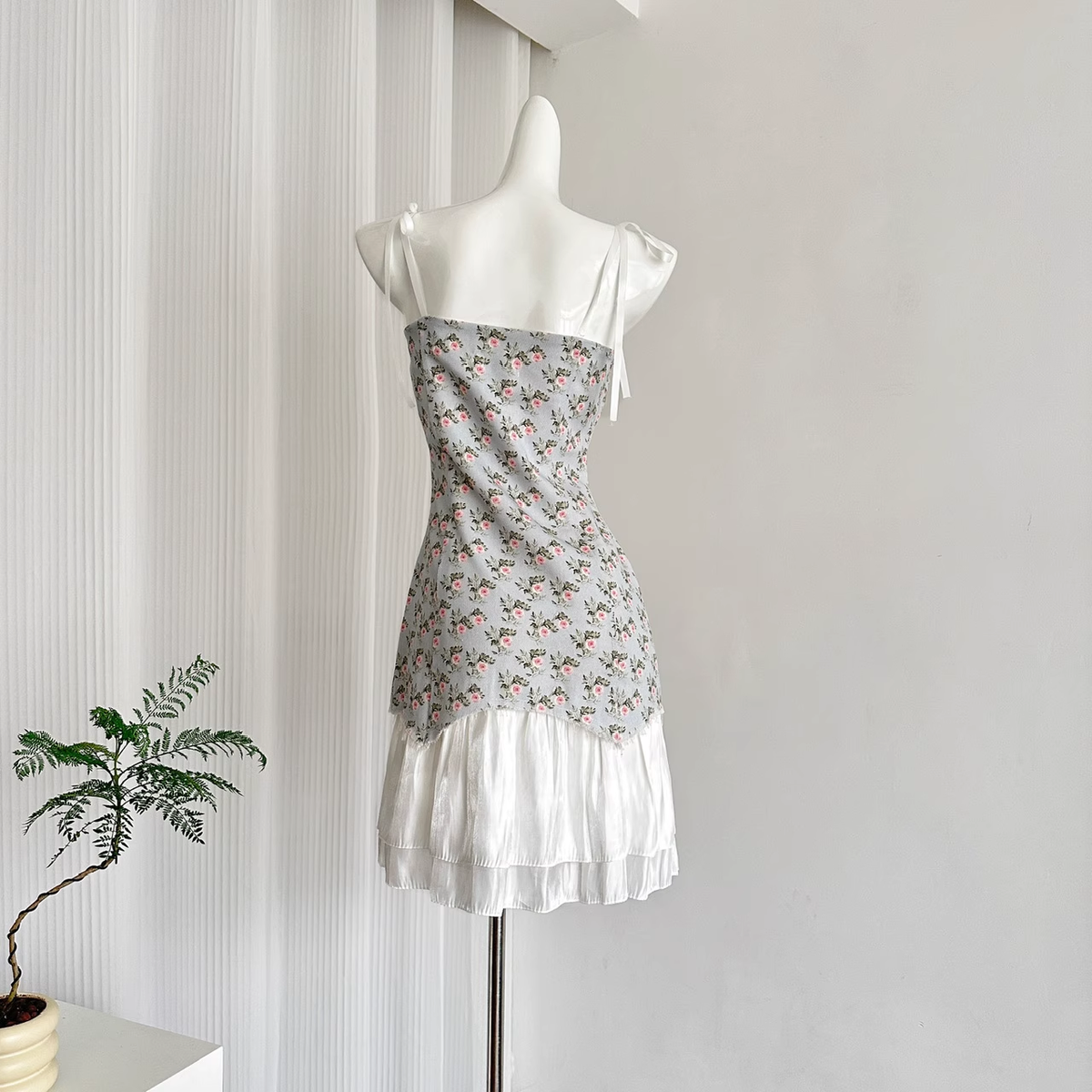 Cute A line Spaghetti Straps Blue Sleeveless Floral Dress Short Holiday Dresses - View 3 | VelvetHem