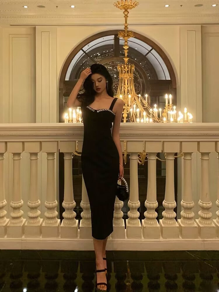 Chic Sheath Straps Black Satin Prom Dresses With Beads Birthday Dress - VelvetHem