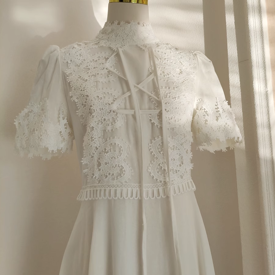 Cute A line High Neckline Short Sleeves Lace White Party Dress Chiffon Holiday Dresses - View 5 | VelvetHem