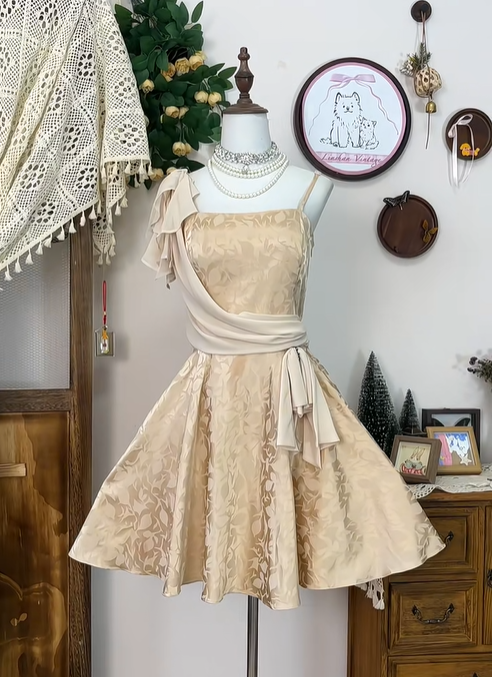 Vintage Champagne Satin Print Floral Birthday Outfits A Line Short Homecoming Dress - VelvetHem