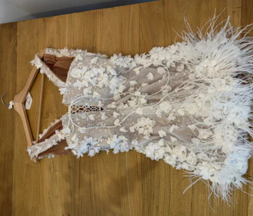 Elegant White Deep V Neck Sequined Floral Feather Fitted Birthday Dress Homecoming Dress - View 8 | VelvetHem