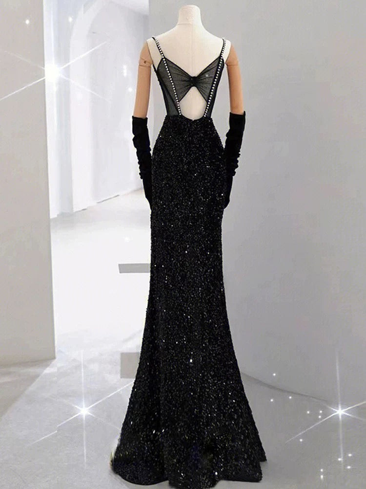 Elegant Mermaid Spaghetti Straps Black Sequin Long Prom Dresses Party Dress With Beads - View 6 | VelvetHem
