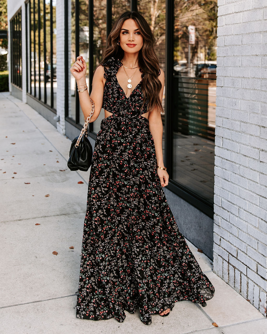 Charlotta Floral Ruffle Cutout Maxi Dress Black FINAL