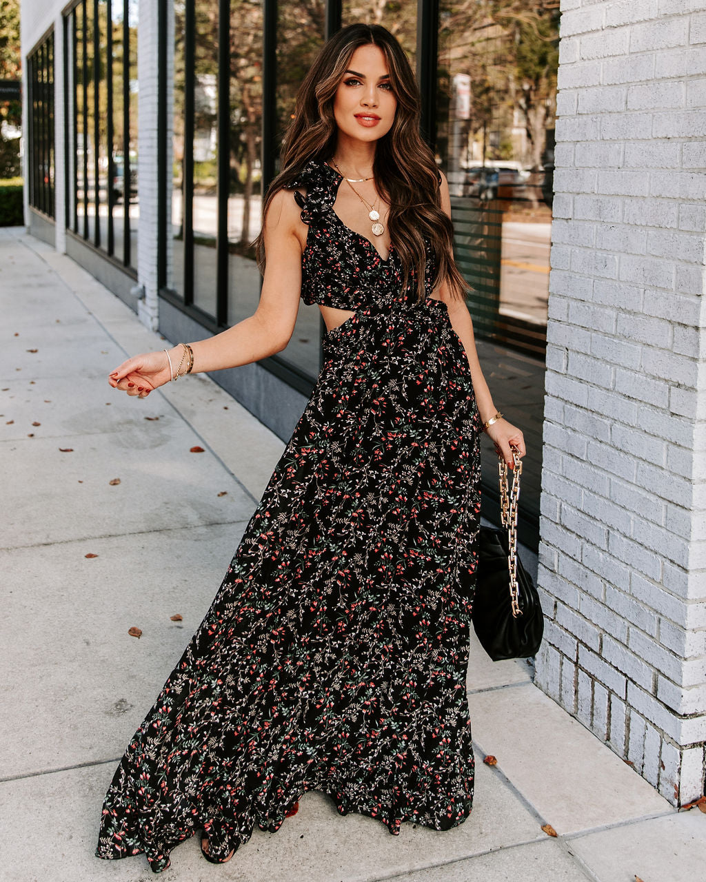 Charlotta Floral Ruffle Cutout Maxi Dress Black FINAL