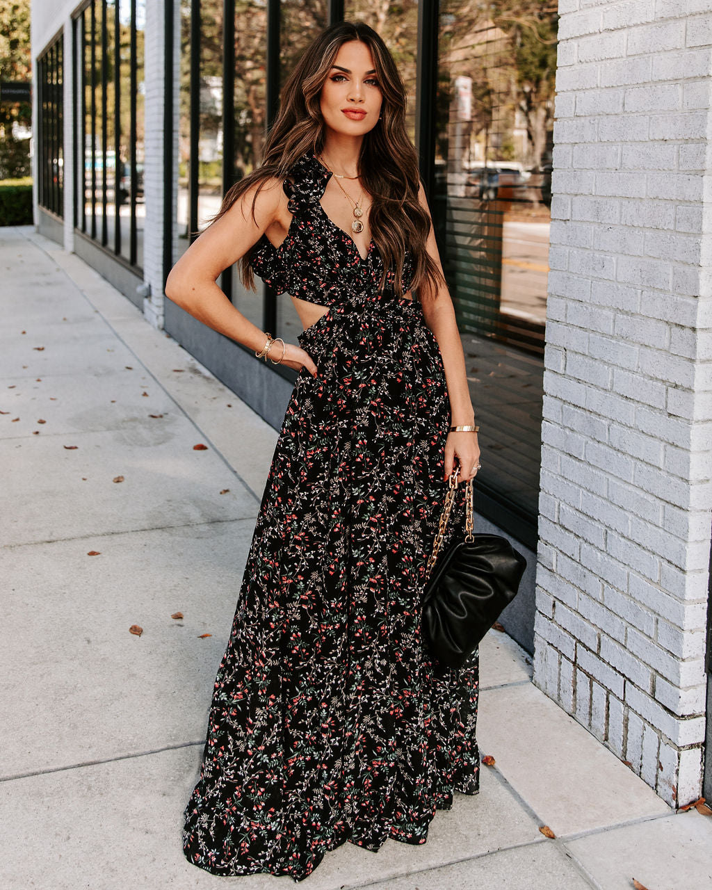 Charlotta Floral Ruffle Cutout Maxi Dress Black FINAL