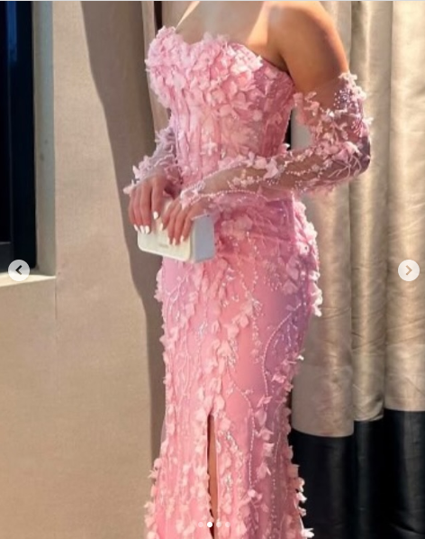 Elegant Pink Strapless Tulle Appliques Beaded Slit Mermaid Evening Dress Long Party Dress - View 3 | VelvetHem