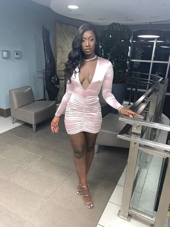 Simple Deep V Neck Pink Homecoming Dress with Long Sleeves (ZD12386)