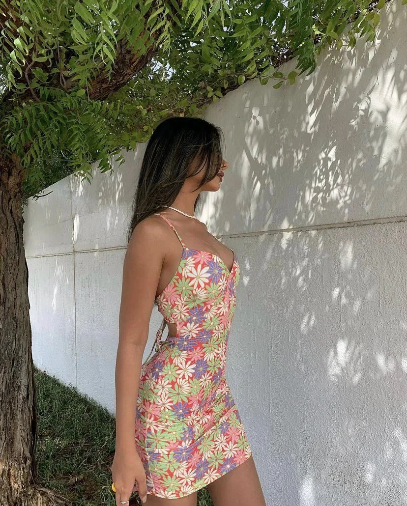 Floral Print Spaghetti Straps Mini Homecoming Dress (ZD11981)