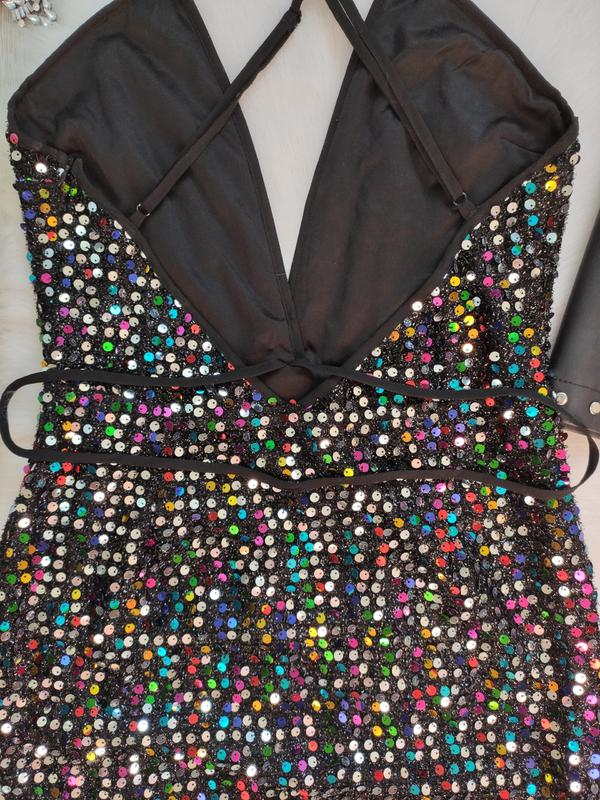 Black shiny multi colored evening short sexy mini dress neckline sequins party dress cc63 - View 5 | VelvetHem