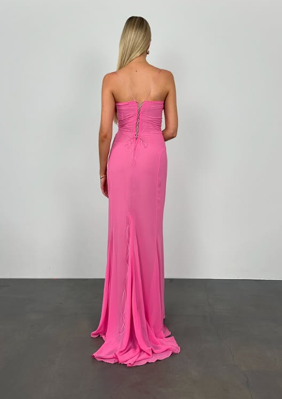 Elegant Pink Chiffon Sheath Long Prom Dress Evening Gown - View 3 | VelvetHem