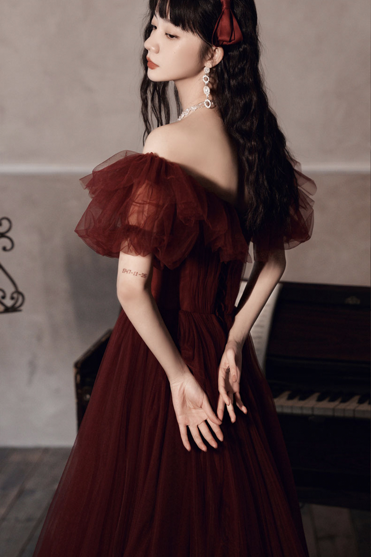 Burgundy Off The Shoulder Tulle Line Prom Dress Evening Dress Y8351
