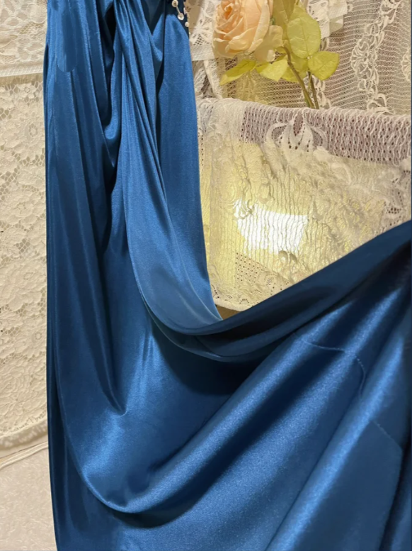 Fashion V Neck Navy Blue Satin Beaded Mermaid Long Party Dress Evening Dress - View 5 | VelvetHem