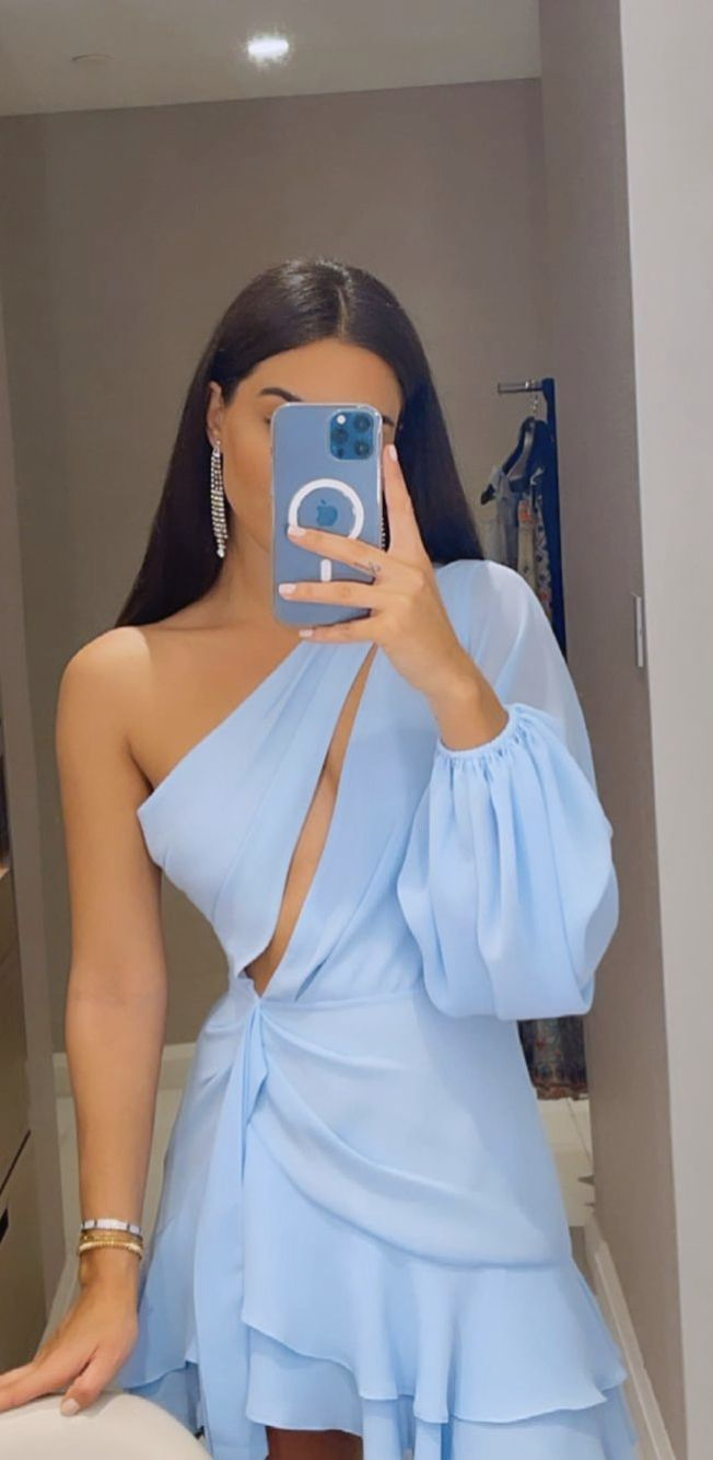 Elegant Short One Shoulder Chiffon Homecoming Dress A-Line Sky Blue Ruffled Cocktail Party Dress Y2436 - VelvetHem