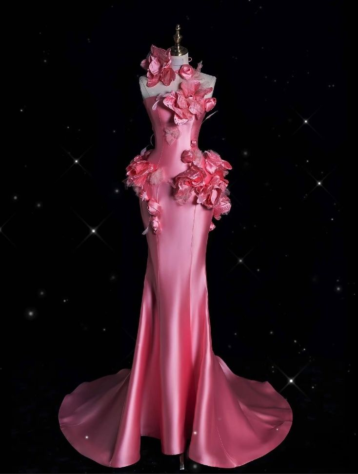 Pretty Pink Satin Mermaid Evening Dress,3D Flowers Long Party Prom Dress