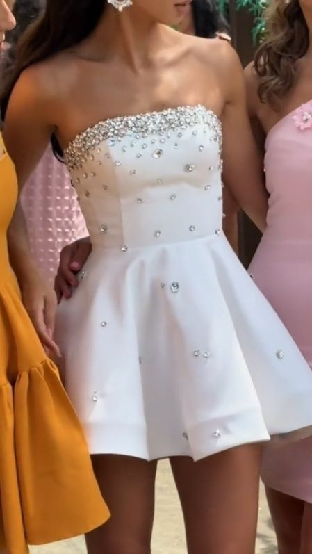 Gorgeous White Strapless Satin Beaded A Line Birthday Outfits Graduation Homecoming Dress - VelvetHem