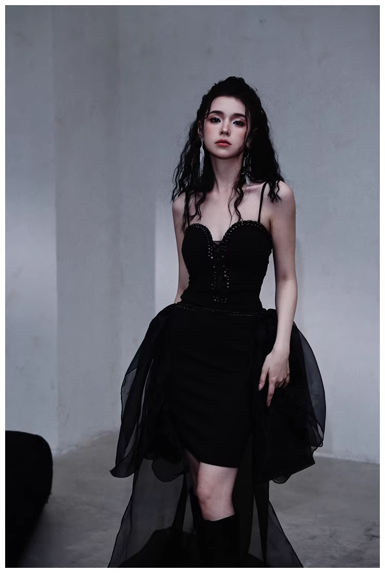Gorgeous Black Organza Satin Beaded Long Party Dress Birthday Evening Dress - View 3 | VelvetHem