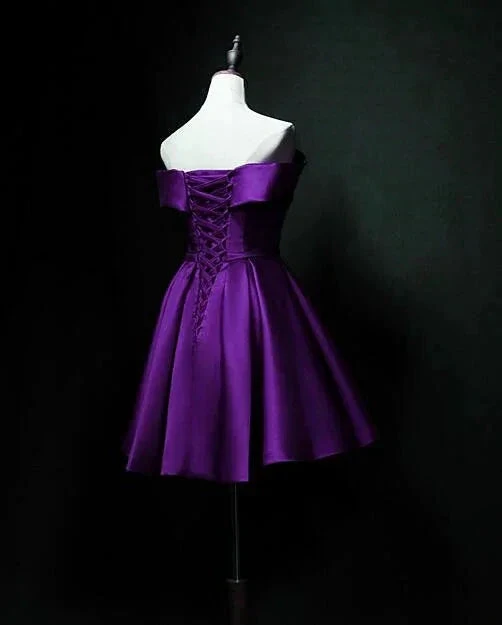 Purple Sweetheart Satin Off Shoulder Homecoming Dresses (ZD12446)