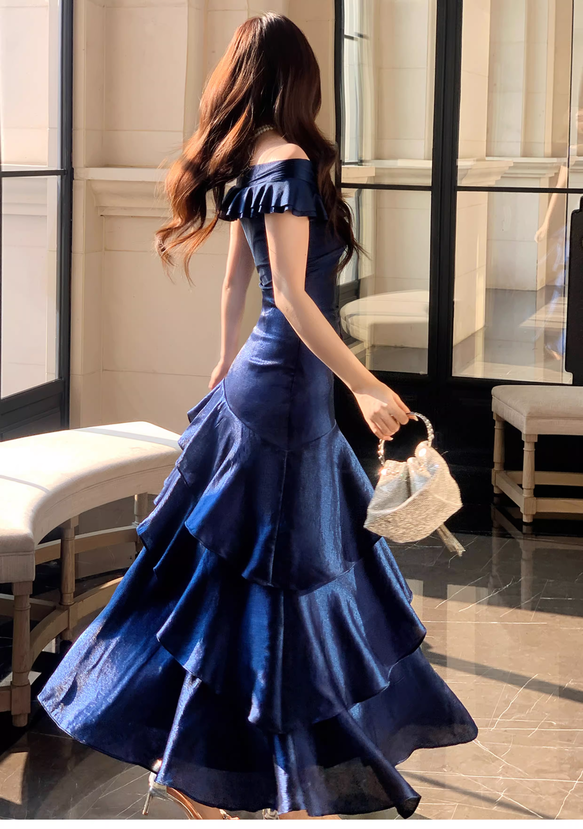 Stylish Navy Blue Off The Shoulder Satin Layered Ruffles Mermaid Long Evening Dress Prom Gown - View 6 | VelvetHem
