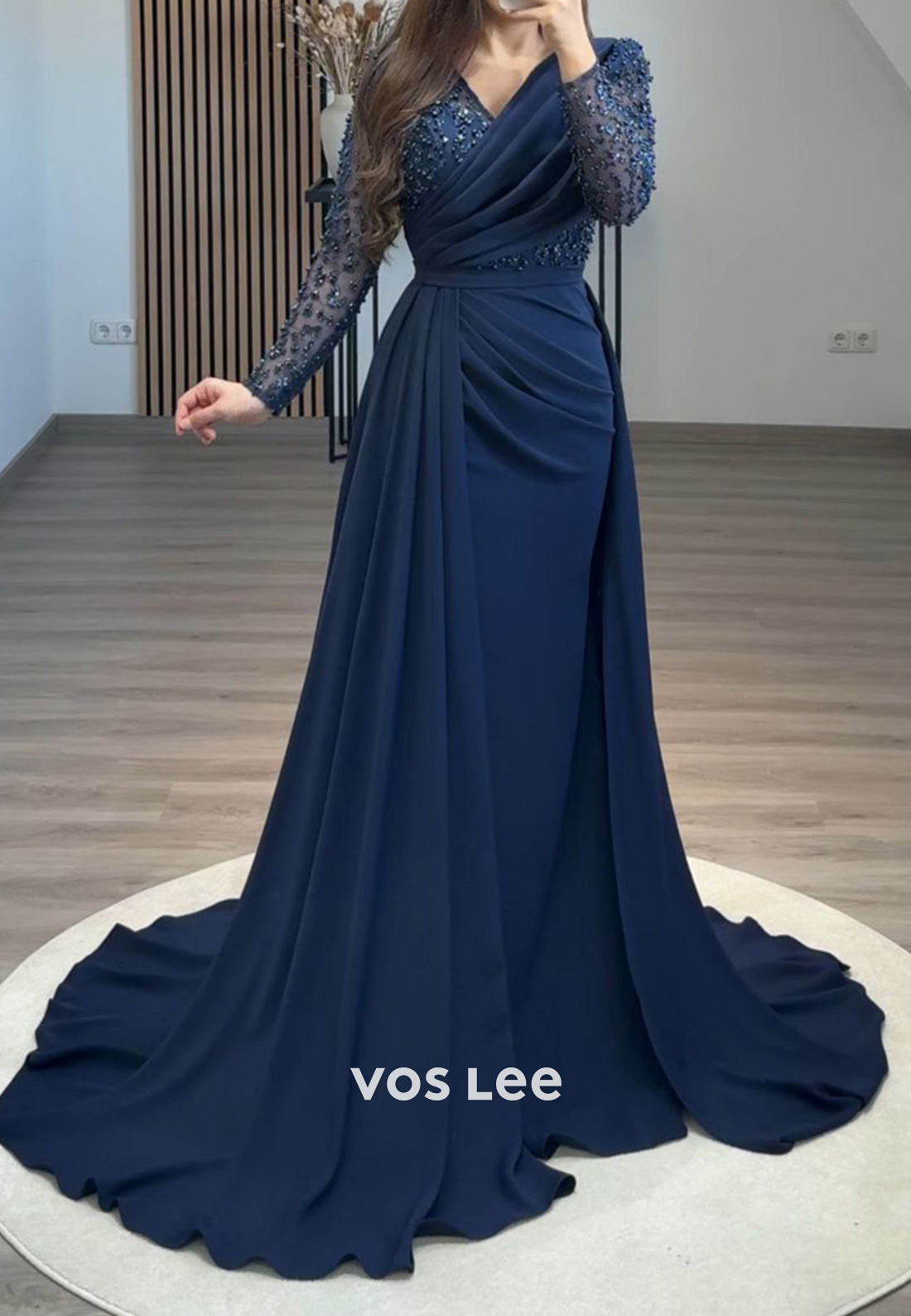 Formal Beaded V Neck Long Sleeves with Train Evening Dress Party Gown - View 2 | VelvetHem