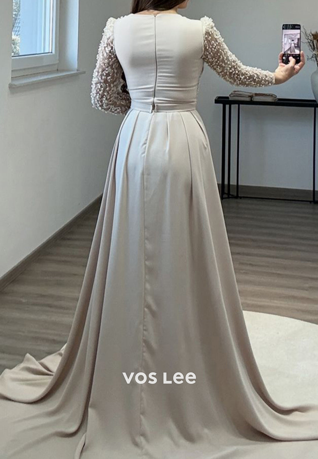 Formal Beaded V Neck Long Sleeves with Train Evening Dress Party Gown - View 6 | VelvetHem