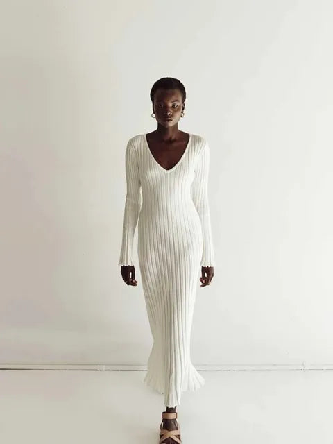 Inaki Chic Midi Dress with a Ribbed V-neck for Women Stylish Outfit