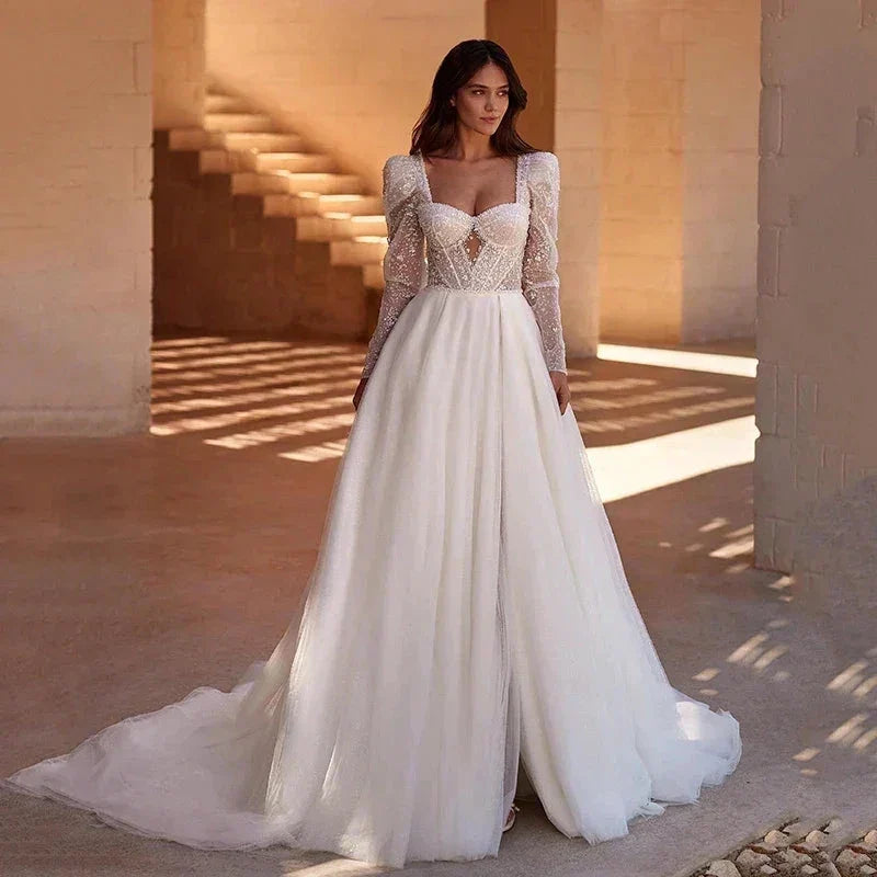 Boho A-Line Wedding Dresses Long Sleeve Sweetheart Bridal Dress Elegant Princess Evening Wedding Gowns Custom Size by payinti