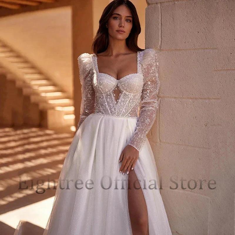 Boho A-Line Wedding Dresses Long Sleeve Sweetheart Bridal Dress Elegant Princess Evening Wedding Gowns Custom Size (ZD13564)