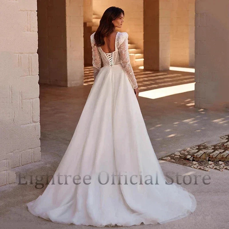 Boho A-Line Wedding Dresses Long Sleeve Sweetheart Bridal Dress Elegant Princess Evening Wedding Gowns Custom Size (ZD13564)