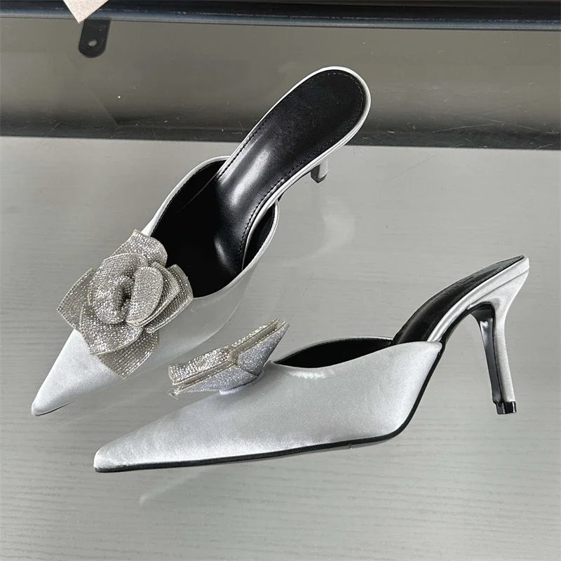 New Design Silk Pointed Toe Women Slippers Fashion Thin Party Dress Ladies Mule Shoes Low Heel Pumps - VelvetHem