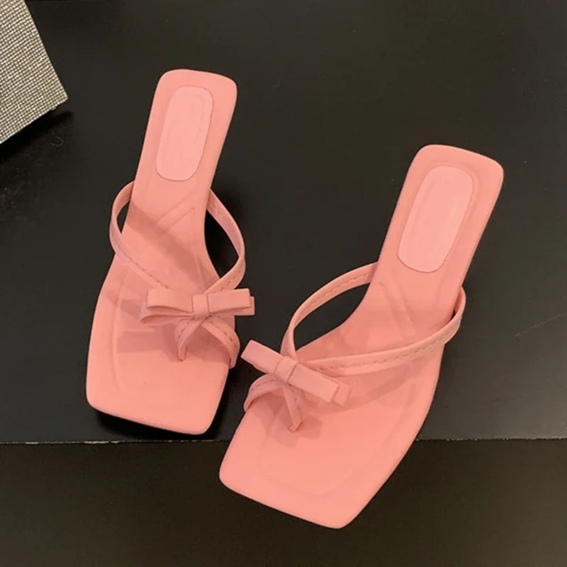 Summer Satin Butterfly-knot Clip Toe Slipper Thin Party Dress Slides Women Shoes Low Heel Pumps - VelvetHem