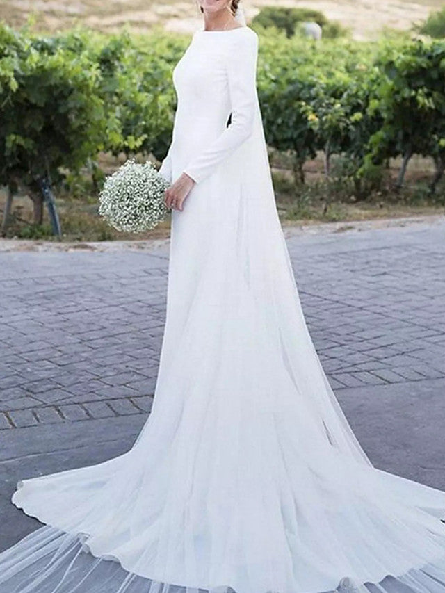 Elegant A-Line Beach Wedding Dresses Off Shoulder Satin Long Sleeve Formal Plus Size Bridal Gowns with Sweep Train