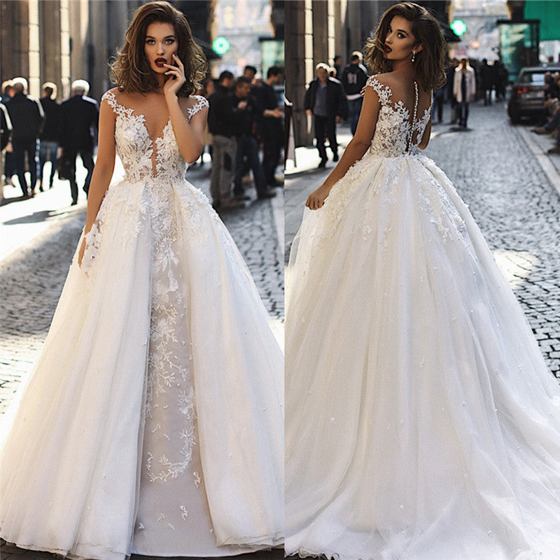 Elegant  A-Line Overskirt Long Wedding Dresses | Sleeveless Lace Appliques Bridal Gown