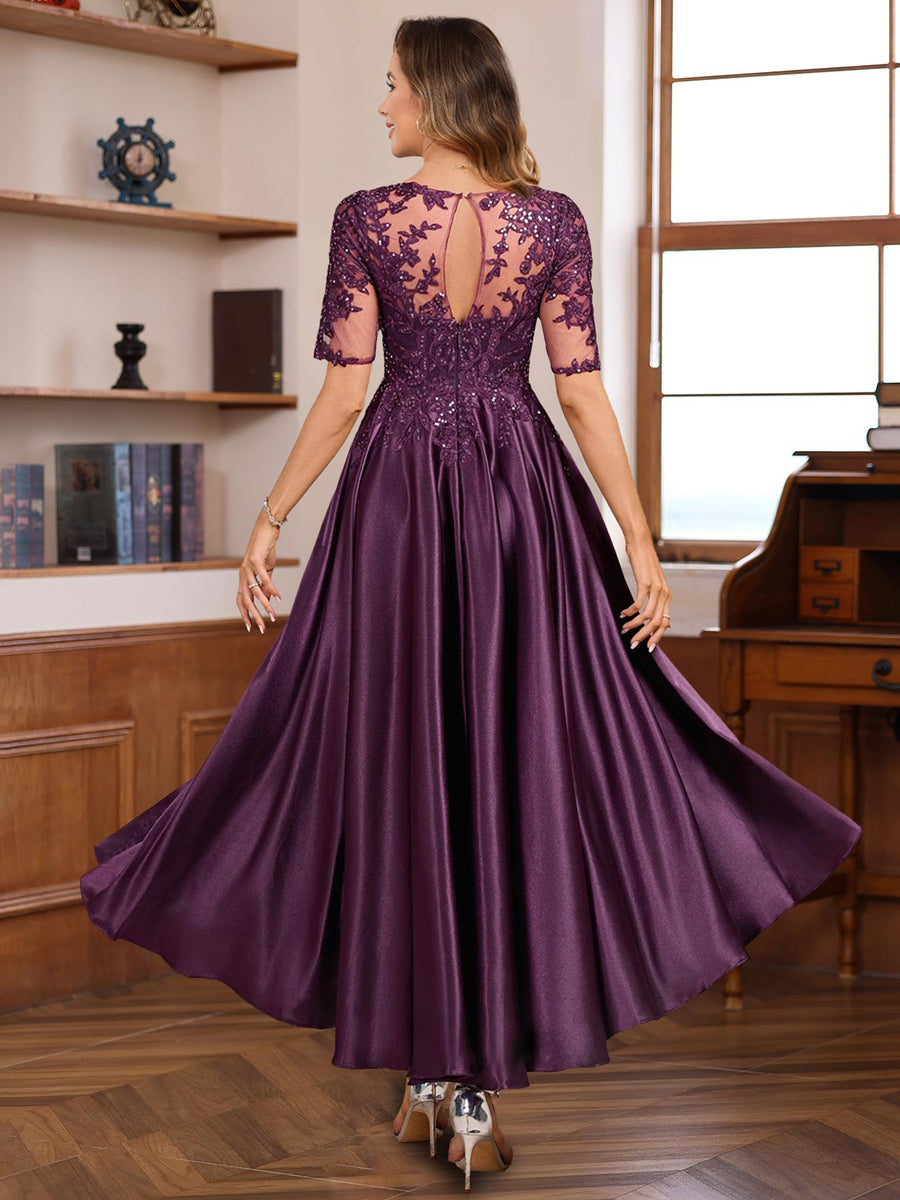 Elegant A Line Round Neck Short Sleeve Asymmetrical Mother of the Bride & Groom Dress with Lace Appliques