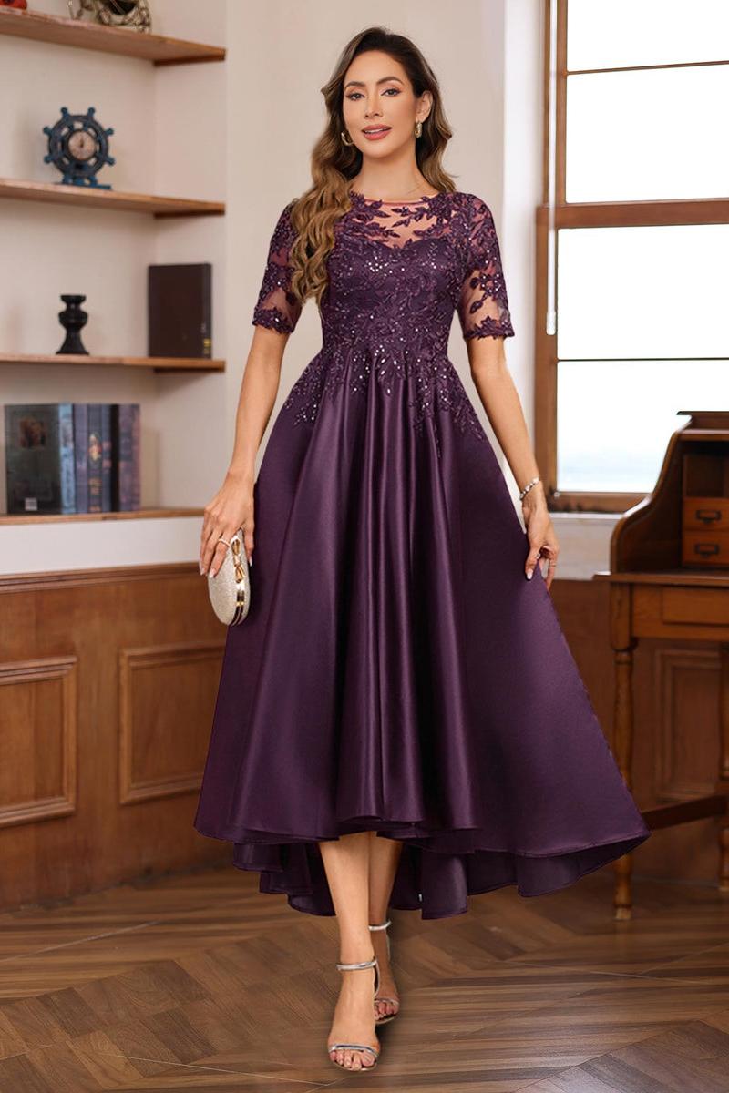 Elegant A Line Round Neck Short Sleeve Asymmetrical Mother of the Bride & Groom Dress with Lace Appliques