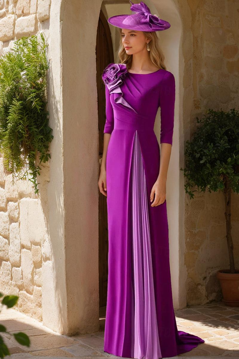 Elegant A Line Scoop Neck Mother of the Bride Dress with 3/4 Sleeves Ruffles & Flower