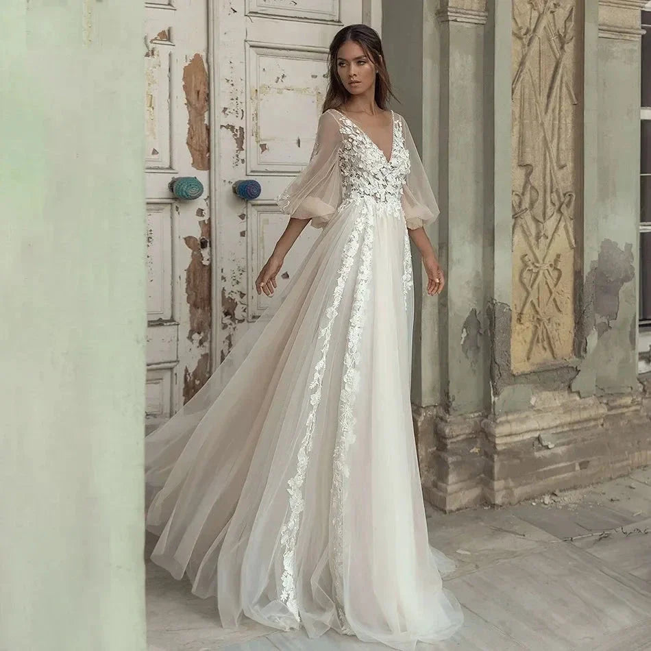 Elegant A-Line Wedding Dress Puff Sleeve Romantic Bridal Backless Beaded Appliques V-Neck Bride Dresses Vestido Noiva by payinti