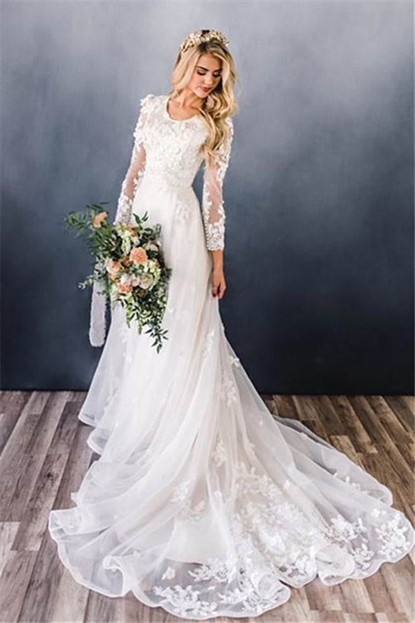 Elegant Appliques A-line Beach Wedding Dresses | Lace Long Sleeve Bridal Gowns Online