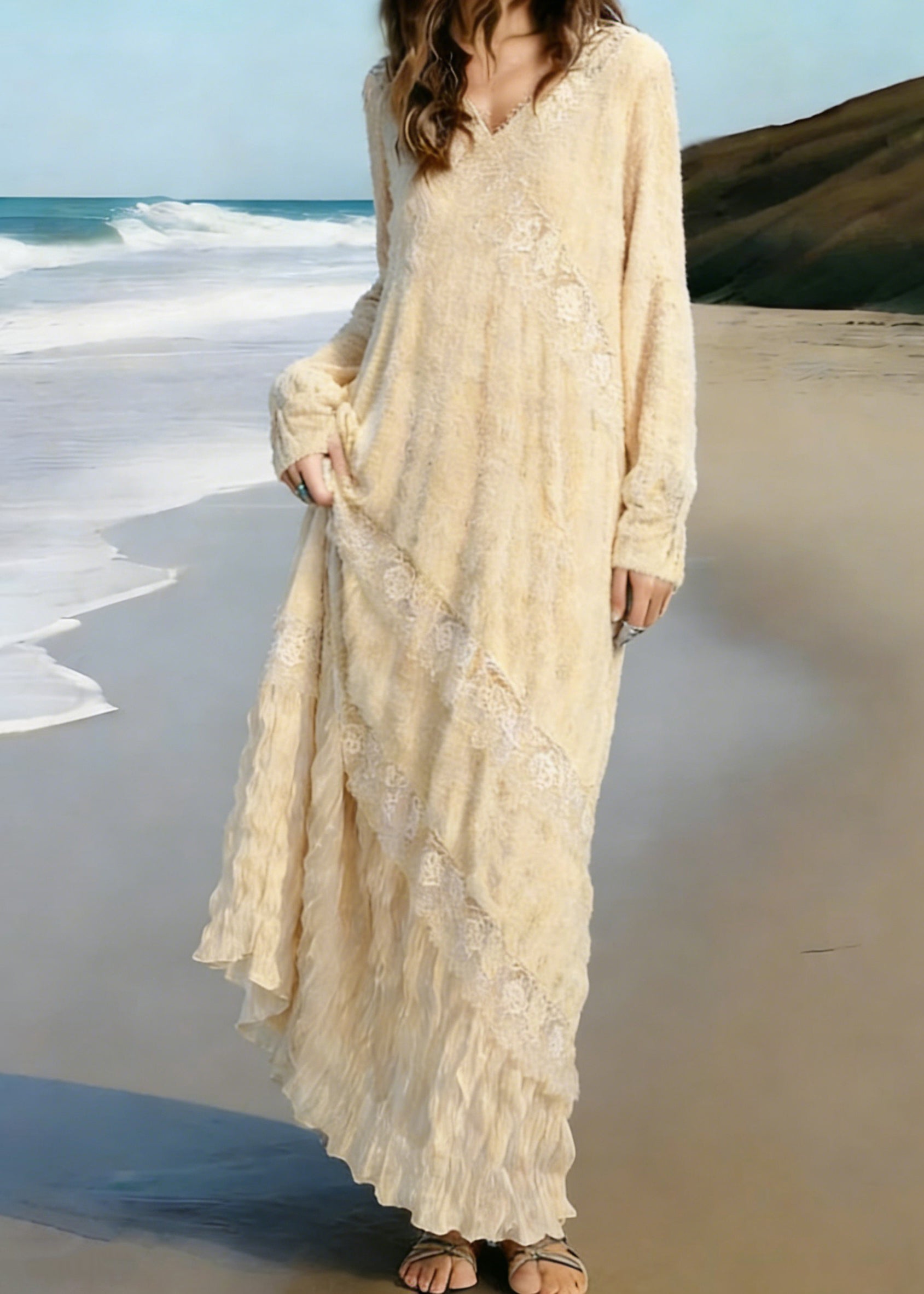 Elegant Apricot Wrinkled Lace Patchwork Knit Long Dress Spring