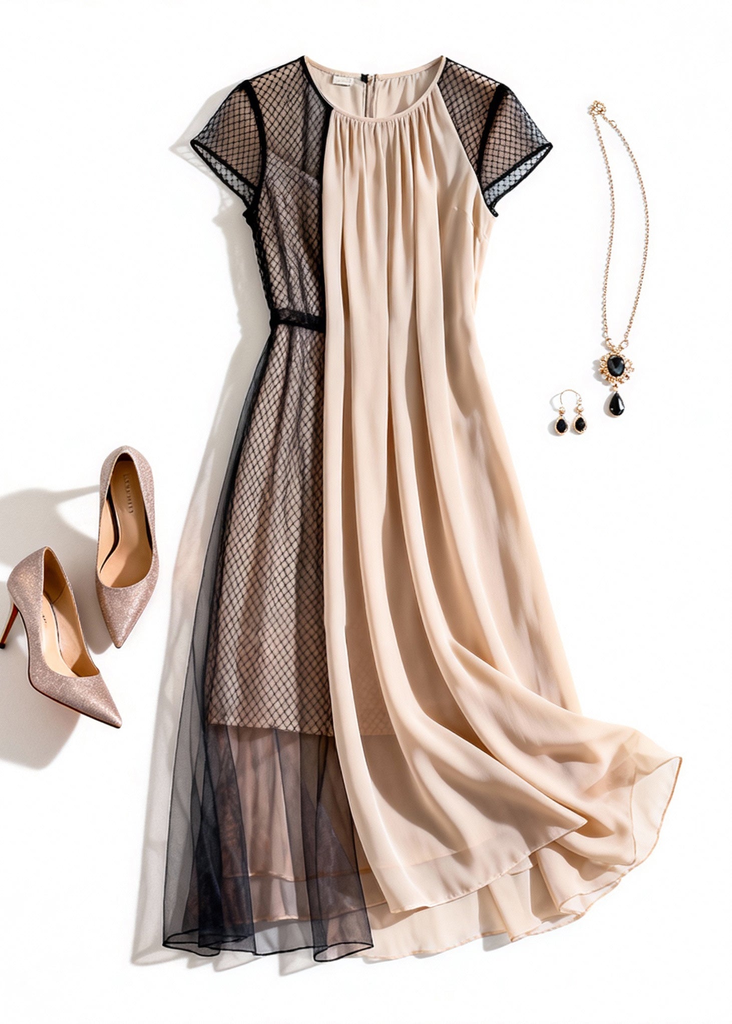 Elegant Apricot Wrinkled Tulle Patchwork Dress Summer