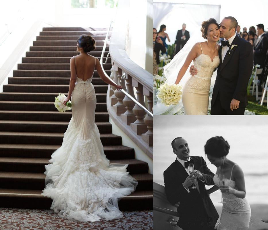 Elegant Backless Tulle Spaghetti-Strap Mermaid Sweep-Train Beach Wedding Dresses