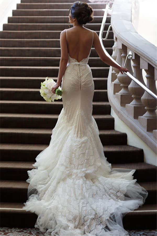 Elegant Backless Tulle Spaghetti-Strap Mermaid Sweep-Train Beach Wedding Dresses