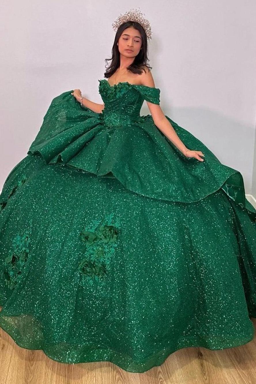 Elegant Ball Gown Off Shoulder Appliques Green Sparkly Tulle Princess Quinceanera Dress For Sweet 16