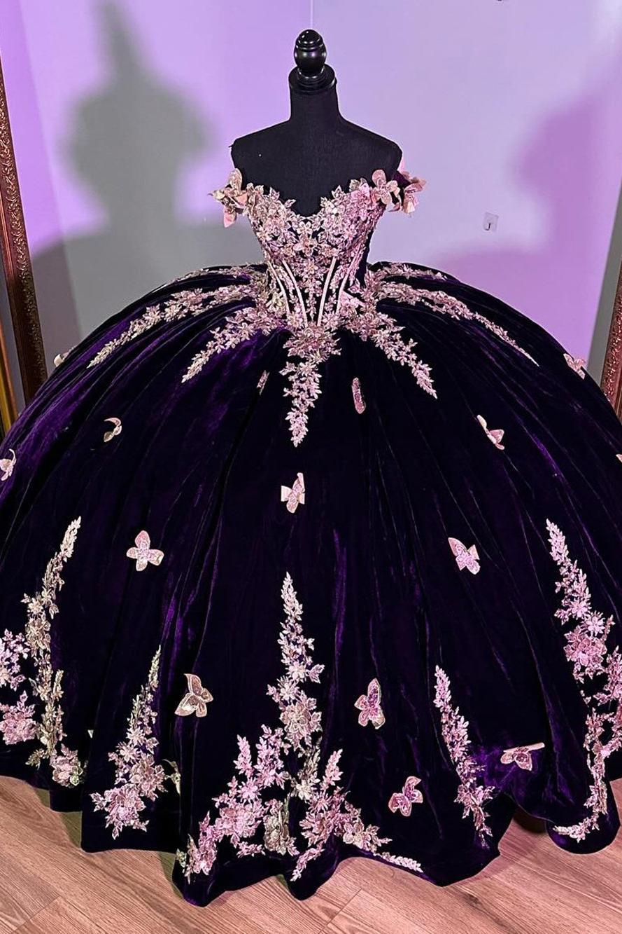 Elegant Ball Gown Off Shoulder Beaded Gold Flowers Butterfly Appliques Dark Purple Velvet Quinceanera Dress For Sweet 16